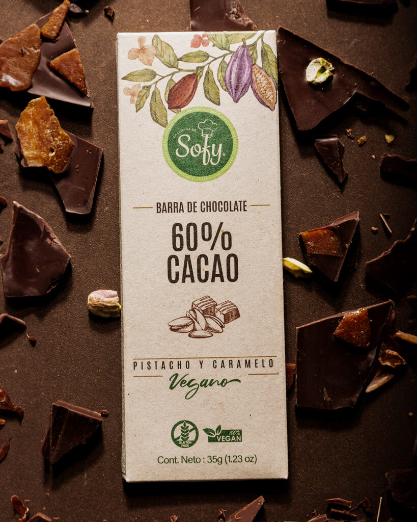 Barra de Chocolate Vegano 60% Cacao con pistacho y caramelo, La Cocina de Sofy en colaboración con Lok Premium Products